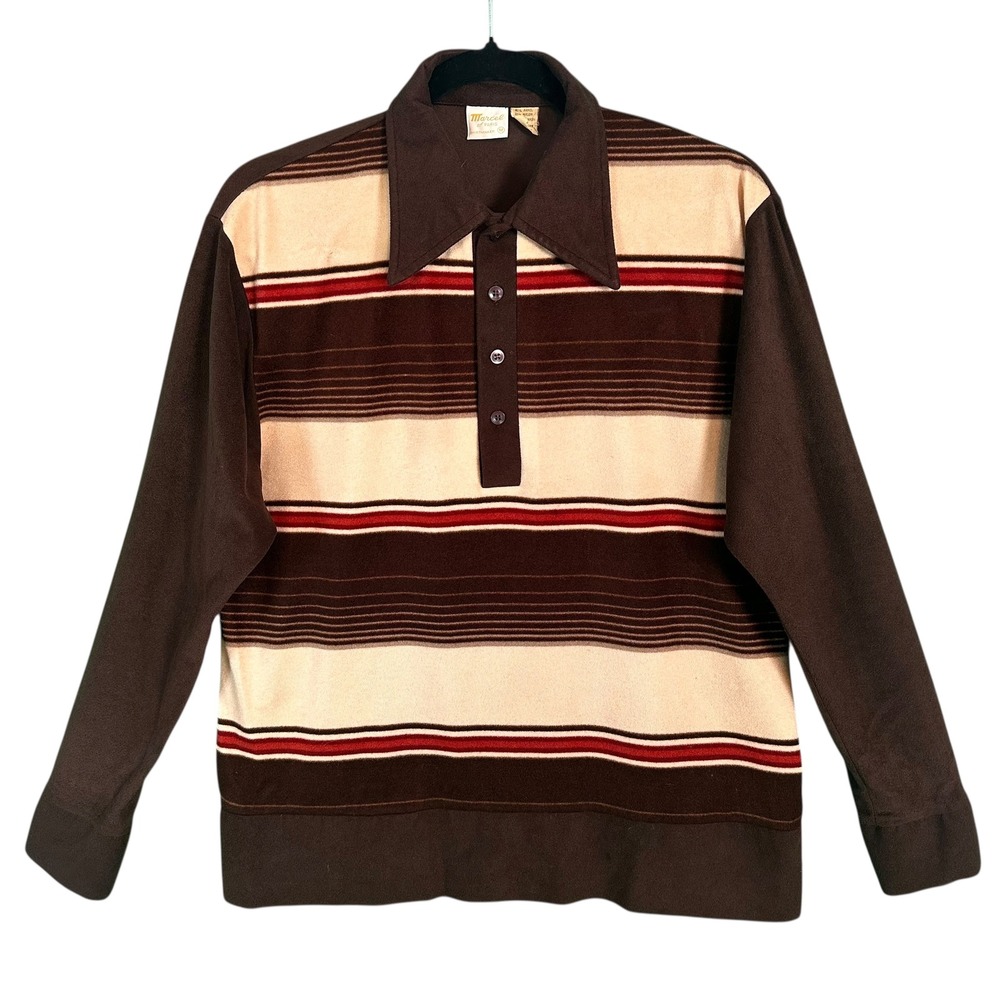 Marcel of Paris Men's Striped Long‎ Sleeve Polo Shirt Size Medium Retro Brown